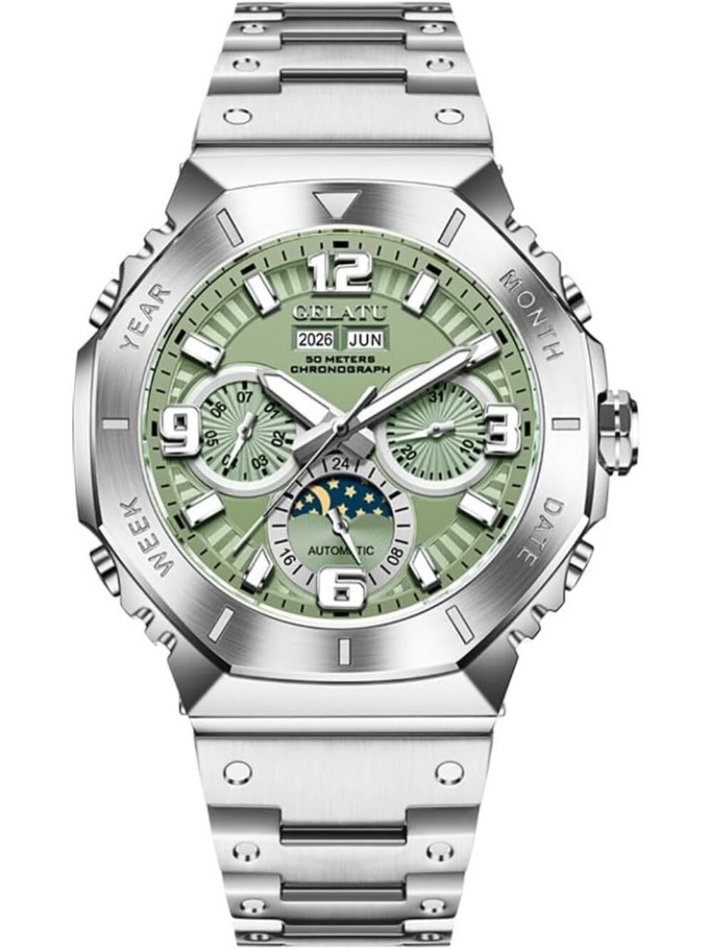 Men's Silver Case-Green Dial Automatic Mechanical Multi-Function Luxury Watch